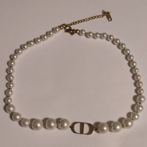 18K Gold Pearl Beaded Necklace with Gold Centerpiece — Adjustable Length